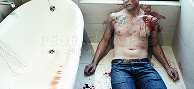 Buy stock photo Shot of a dead man in the bathroom