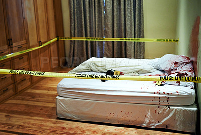 Buy stock photo Shot of a cordoned off bedroom crime scene splattered with blood