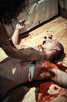 Buy stock photo Cropped shot of a distraught young woman finding her partner bloodied and dead on the floor