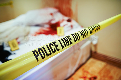 Buy stock photo Shot of a cordoned off bedroom crime scene splattered with blood