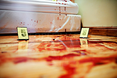 Buy stock photo Shot of a cordoned off bedroom crime scene splattered with blood