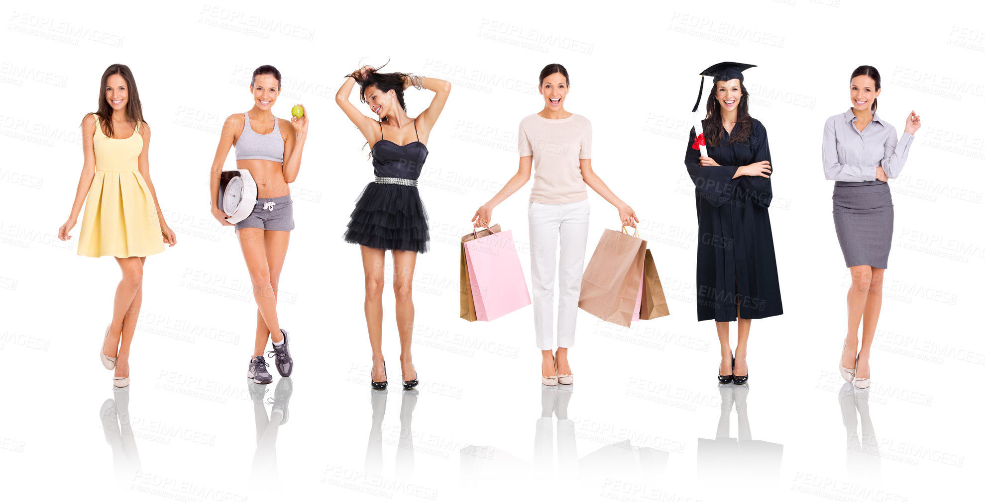 Buy stock photo Collage, model and lifestyle with a business woman in studio isolated on a white background for shopping, graduation or weightloss. Composition, fashion and a young female posing on blank space