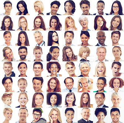 Buy stock photo People, face and collage with portrait smile for profile, montage or collection against a white studio background. Happy faces collected in diversity isolated or cropped group smiling together