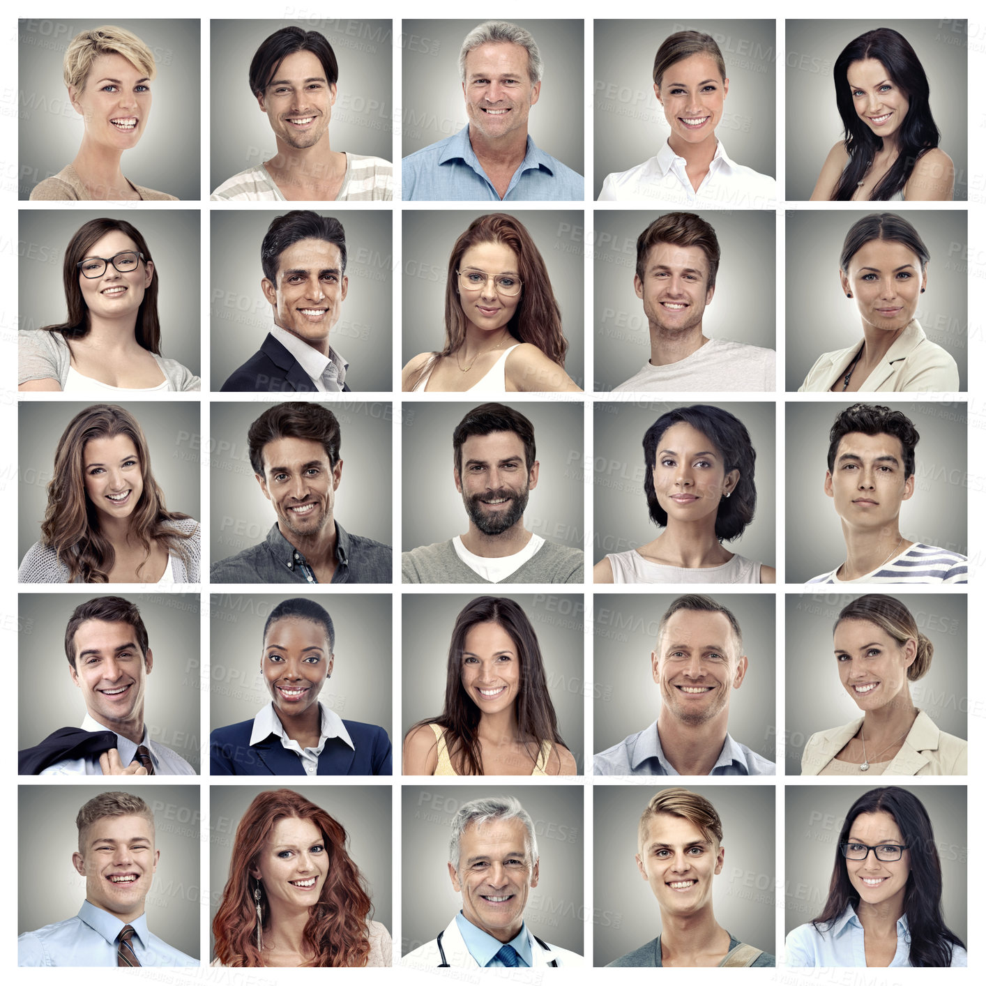 Buy stock photo Face collage, diversity portrait people and collection of happy community, society or group mosaic. Profession headshot, profile picture montage and global men and women isolated on studio background