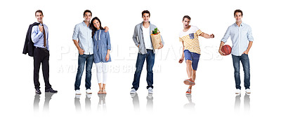 Buy stock photo Collage, different and portrait of a man with activities isolated on a white background in studio. Routine, tasks and montage of a guy at work, with wife and shopping while playing sports on backdrop