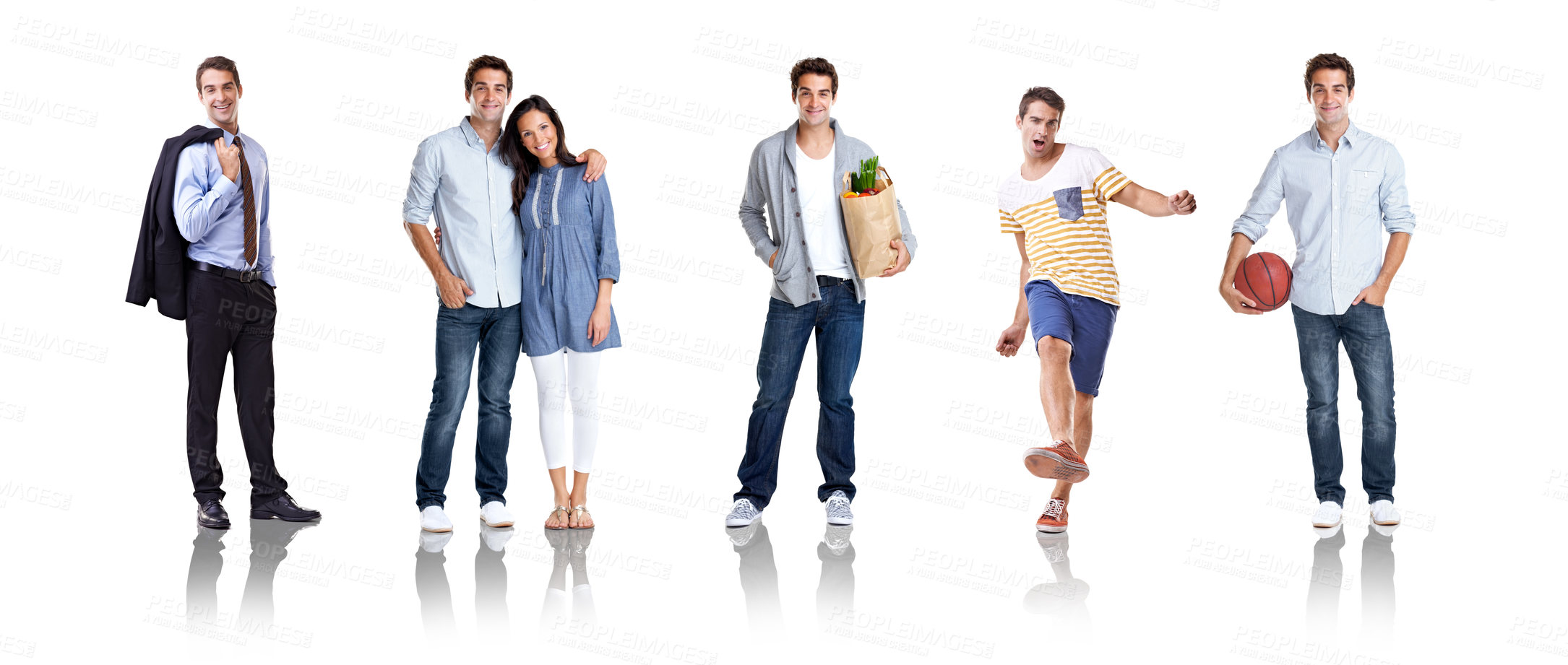 Buy stock photo Collage, different and portrait of a man with activities isolated on a white background in studio. Routine, tasks and montage of a guy at work, with wife and shopping while playing sports on backdrop