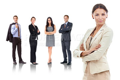Buy stock photo Corporate leader and portrait with business people row and confident expression of woman in foreground. Professional worker group isolated with full body in business attire on white background