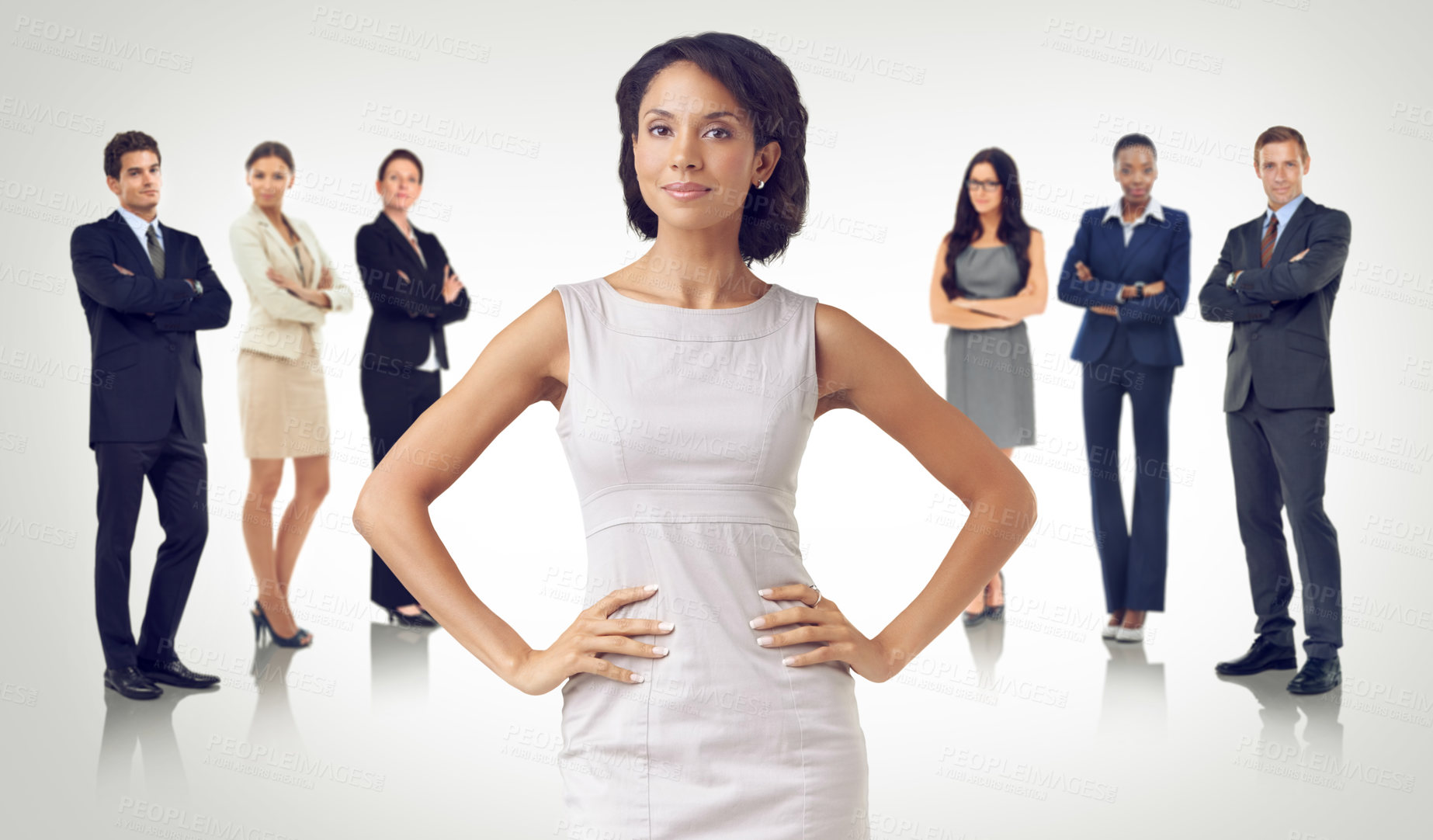Buy stock photo Woman, studio portrait and group of business people for vision, mission or diversity for success. Corporate team, female leader and multicultural solidarity for teamwork, goal or trust by background