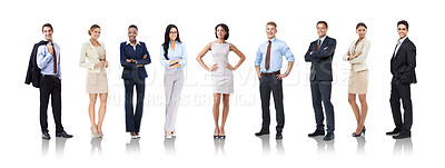 Buy stock photo Portrait of business people standing in a row in a studio with diversity and different careers. Corporate, success and multiracial professional men and women in a line isolated by a white background.
