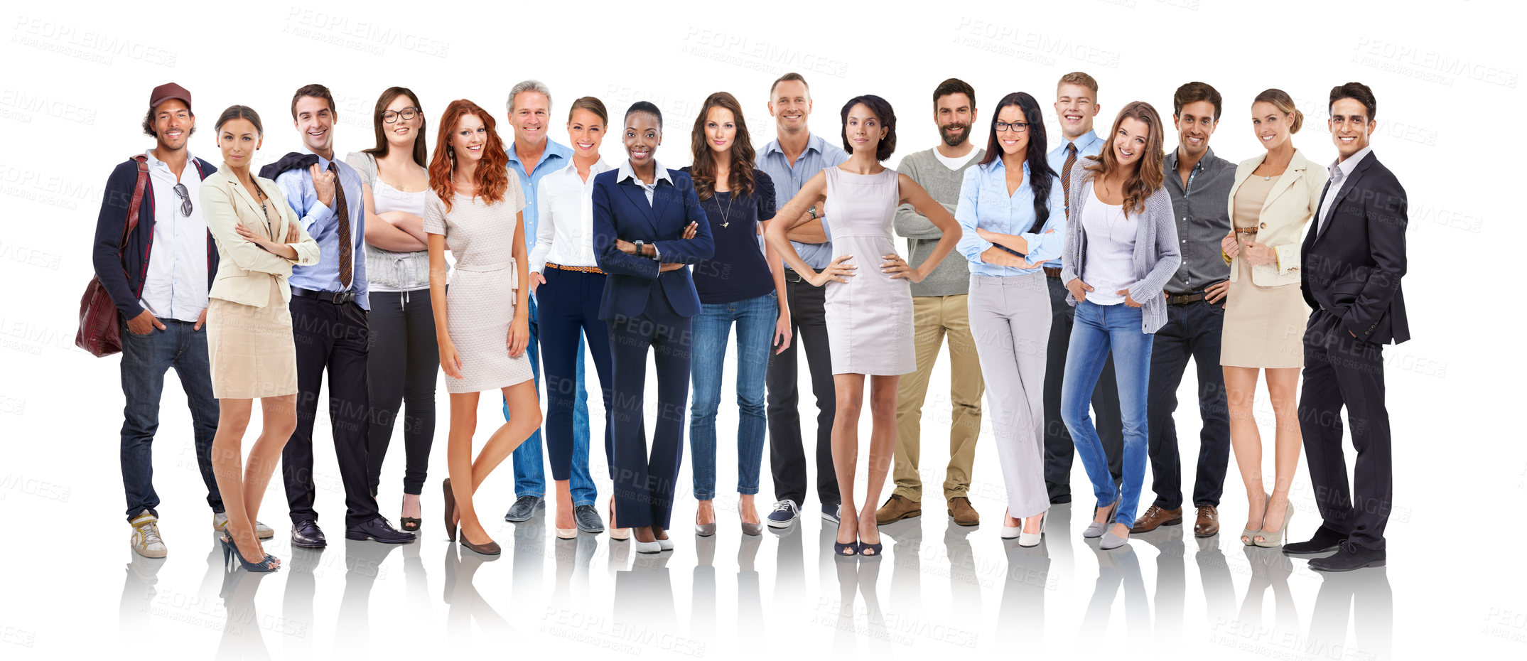 Buy stock photo People, diversity and standing with smile together for profile, team or unity against a white studio background. Portrait of a happy isolated group of diverse crowd smiling on white background