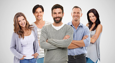 Buy stock photo Diversity, happy team and support standing in studio together for teamwork collaboration, trust and creativity vision in white background. Group of people, smile and positive goals mindset motivation