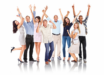 Buy stock photo Portrait, friends and celebration with a business team in studio isolated on a white background together. Winner, success or collaboration with a man and woman employee group celebrating a goal