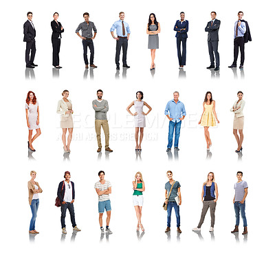 Buy stock photo Diversity, different and professional employees standing in white background for employment or qualifications. People, happy workers and career success motivation or future vision isolated in studio