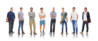 Buy stock photo Collage, portrait and diversity with a man model group in studio isolated on a white background for fashion, education or business. Marketing, advertising and men standing in line to promote a brand