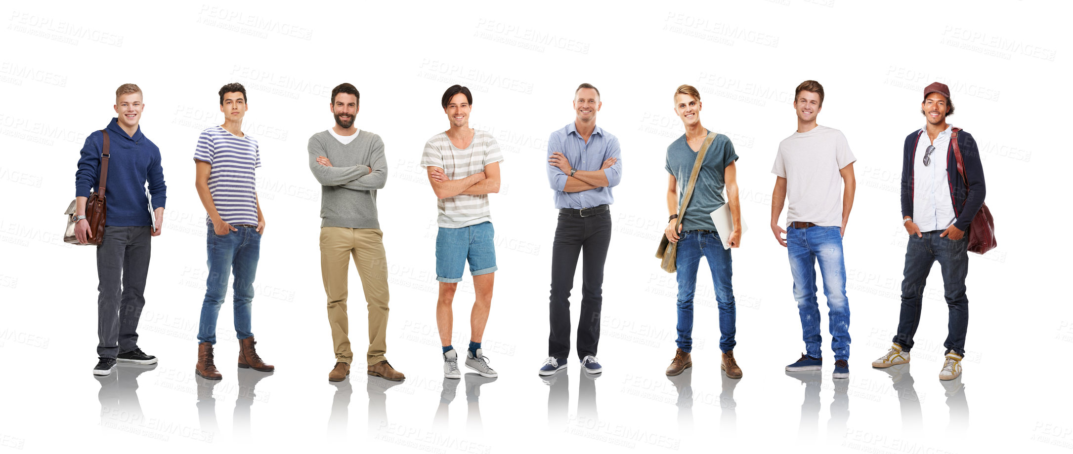 Buy stock photo Collage, portrait and diversity with a man model group in studio isolated on a white background for fashion, education or business. Marketing, advertising and men standing in line to promote a brand