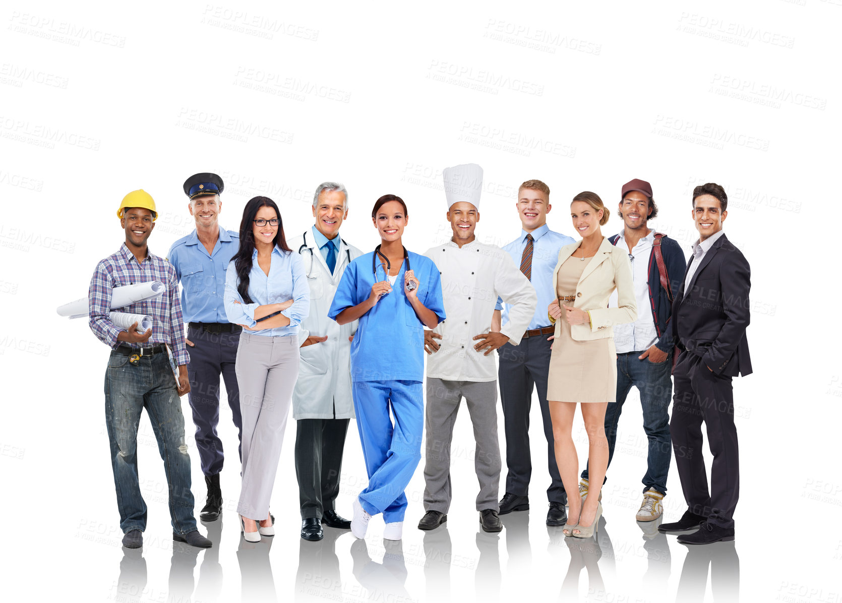 Buy stock photo Group of people, different career and professionals standing in white background for employment or qualifications. Diversity, happy workers and success motivation or future vision isolated in studio