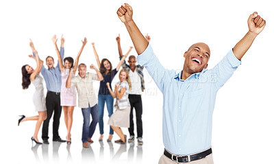 Buy stock photo Black man, celebrate success and business people hands in air for teamwork support, employee motivation and happiness in isolated white background studio. Team, corporate achievement and celebration