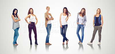 Buy stock photo Portrait, fashion and collage with a woman group in studio on a gray background to model contemporary clothes. Crowd, style and runway with female friends posing in trendy clothing together