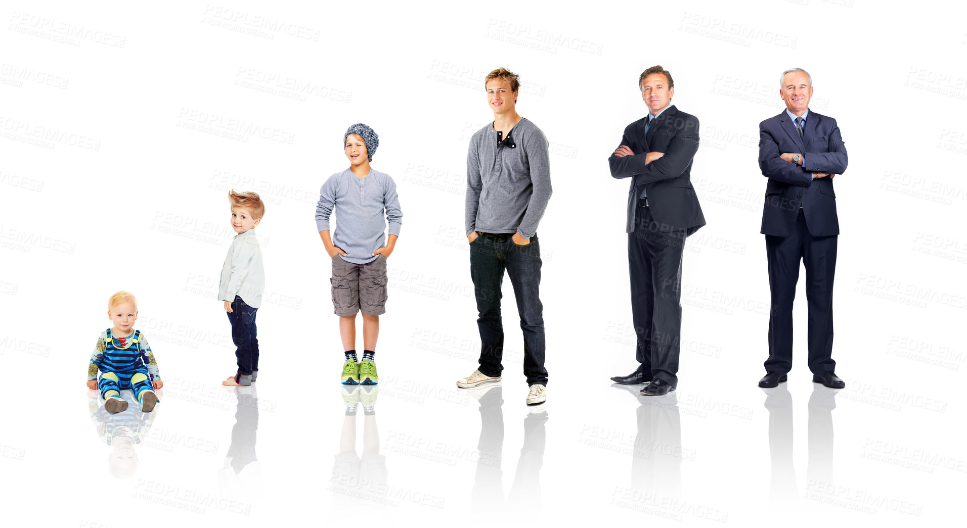 Buy stock photo Baby, child and life cycle of a man for age, growth and future of a growing kid and senior in studio. Portrait of people in studio for change, time and process of aging isolated on a white background