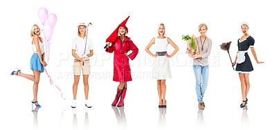 Buy stock photo Montage, costume and woman in studio, different and posing in outfit, theme or clothing on white background. Event, party and girl express personality, style and selection for halloween pose isolated