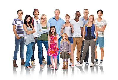 Buy stock photo Diversity, people and generations standing with smile together for profile against a white studio background. Portrait of a isolated diverse group wearing casual clothing posing on a white background
