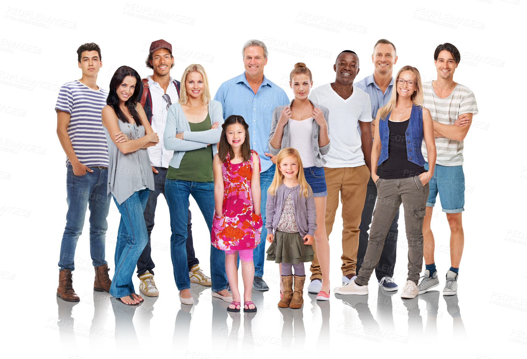 Buy stock photo Diversity, people and generations standing with smile together for profile against a white studio background. Portrait of a isolated diverse group wearing casual clothing posing on a white background