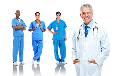 Buy stock photo Portrait, man and doctor with nurses, healthcare and smile with group isolated on white studio background. Medical professionals, women and staff confident, uniform and health team, proud or backdrop