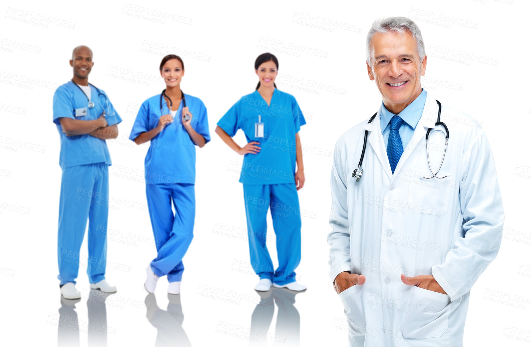 Buy stock photo Portrait, man and doctor with nurses, healthcare and smile with group isolated on white studio background. Medical professionals, women and staff confident, uniform and health team, proud or backdrop