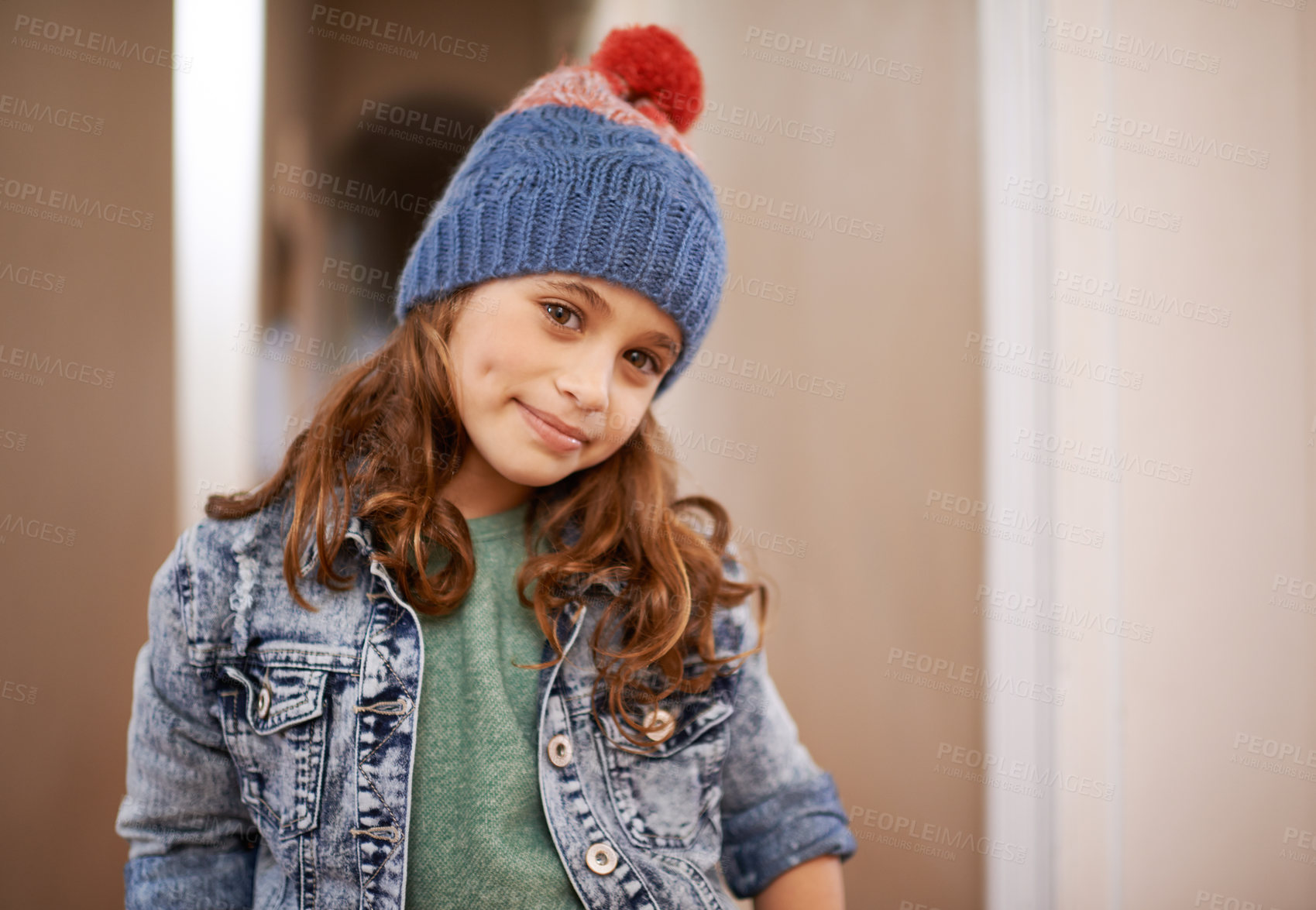 Buy stock photo Girl, portrait and child with fashion in winter at home with pride and happiness in clothes with hat. Kid, smile or relax in house with beanie, jacket or casual style on holiday or vacation in Sweden