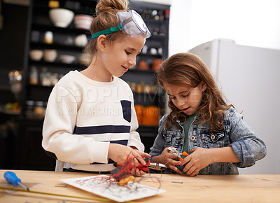 Buy stock photo Shot of a two little girls helping each other make something creative with tools indoors