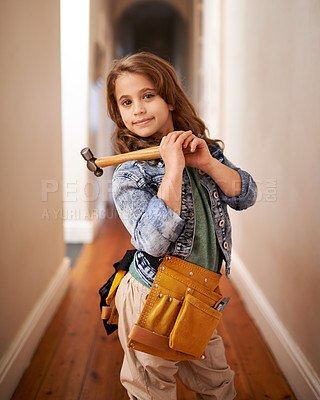 Buy stock photo Child, portrait and ready for construction with hammer, play and artisan game in home. Female person, tool and equipment for remodeling project on weekend, carpentry and woodworking role play