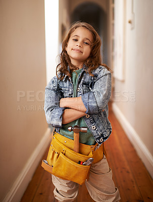 Buy stock photo Shot of an adorable little girl wearing a tool belt