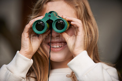 Buy stock photo Girl, child and binoculars for sightseeing outdoors, explore and birdwatching on holiday or vacation. Female person, kid and tourist or travel on outside adventure, smile and looking for wildlife