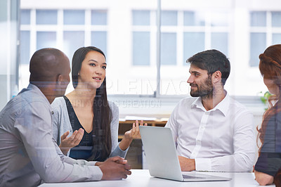 Buy stock photo Teamwork, business people and meeting in office for collaboration, planning or review. Workplace, technology and diverse group of employees together for discussion, idea or laptop on project