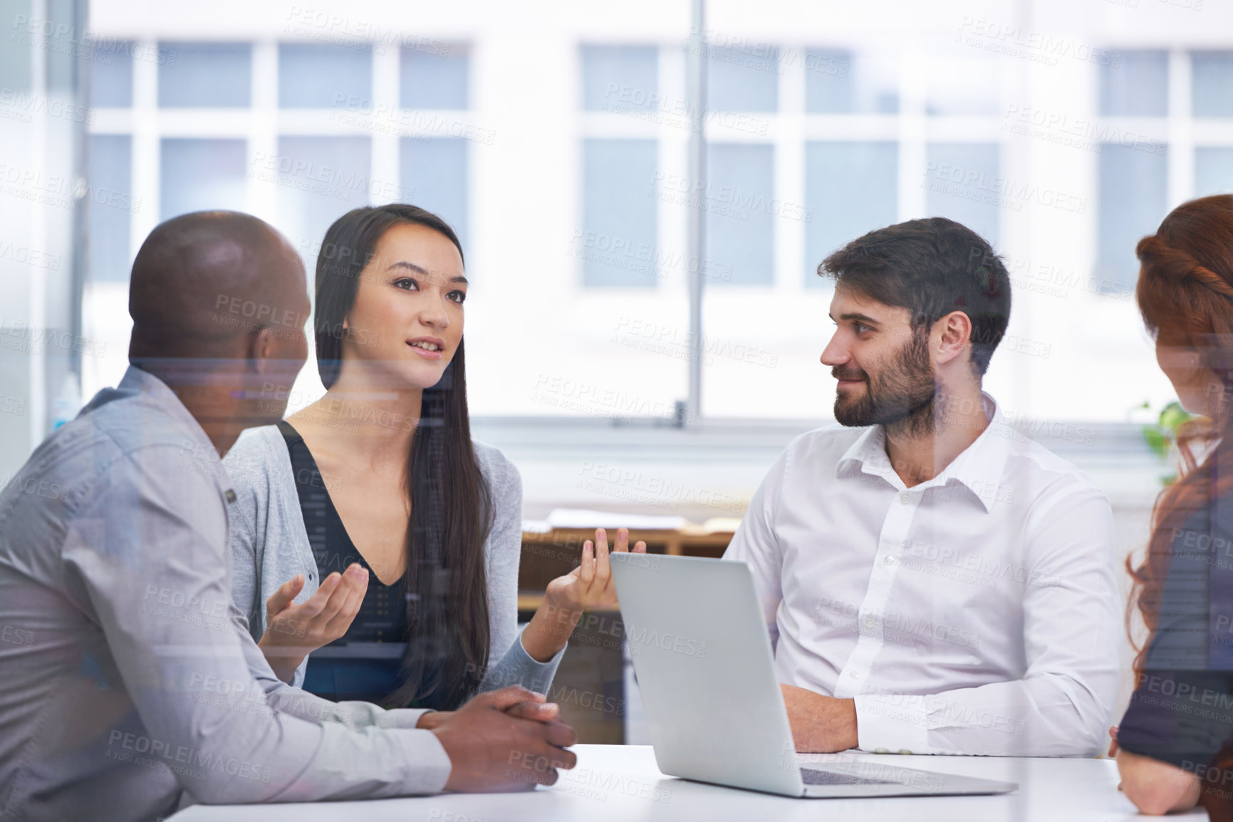 Buy stock photo Teamwork, business people and meeting in office for collaboration, planning or review. Workplace, technology and diverse group of employees together for discussion, idea or laptop on project