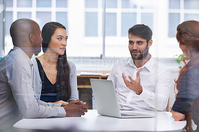 Buy stock photo Meeting, business people and planning in conference room for discussion, collaboration or idea. Office, laptop and diverse group of employees together for teamwork, review or  staff on project