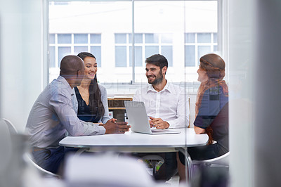 Buy stock photo Corporate, business people and meeting in office for collaboration, planning or teamwork. Workplace, technology and diverse group of employees together for discussion, idea or laptop on project