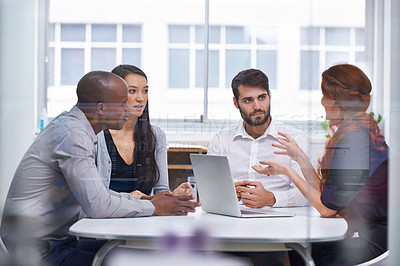 Buy stock photo Corporate, business people and meeting in conference room for teamwork, discussion or idea. Office, technology and diversity group of employees together for collaboration, planning or strategy