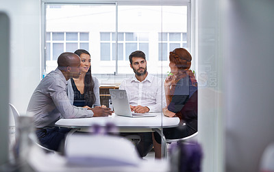 Buy stock photo Corporate, business people and teamwork in conference room for strategy, discussion or meeting. Office, technology and diversity group of employee workers for collaboration, planning or conversation