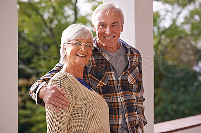Buy stock photo Couple, senior and portrait with hug, balcony and home for happy retirement. Mature man, woman and marriage with elderly, care and love for healthy relationship and romantic rest and relaxation