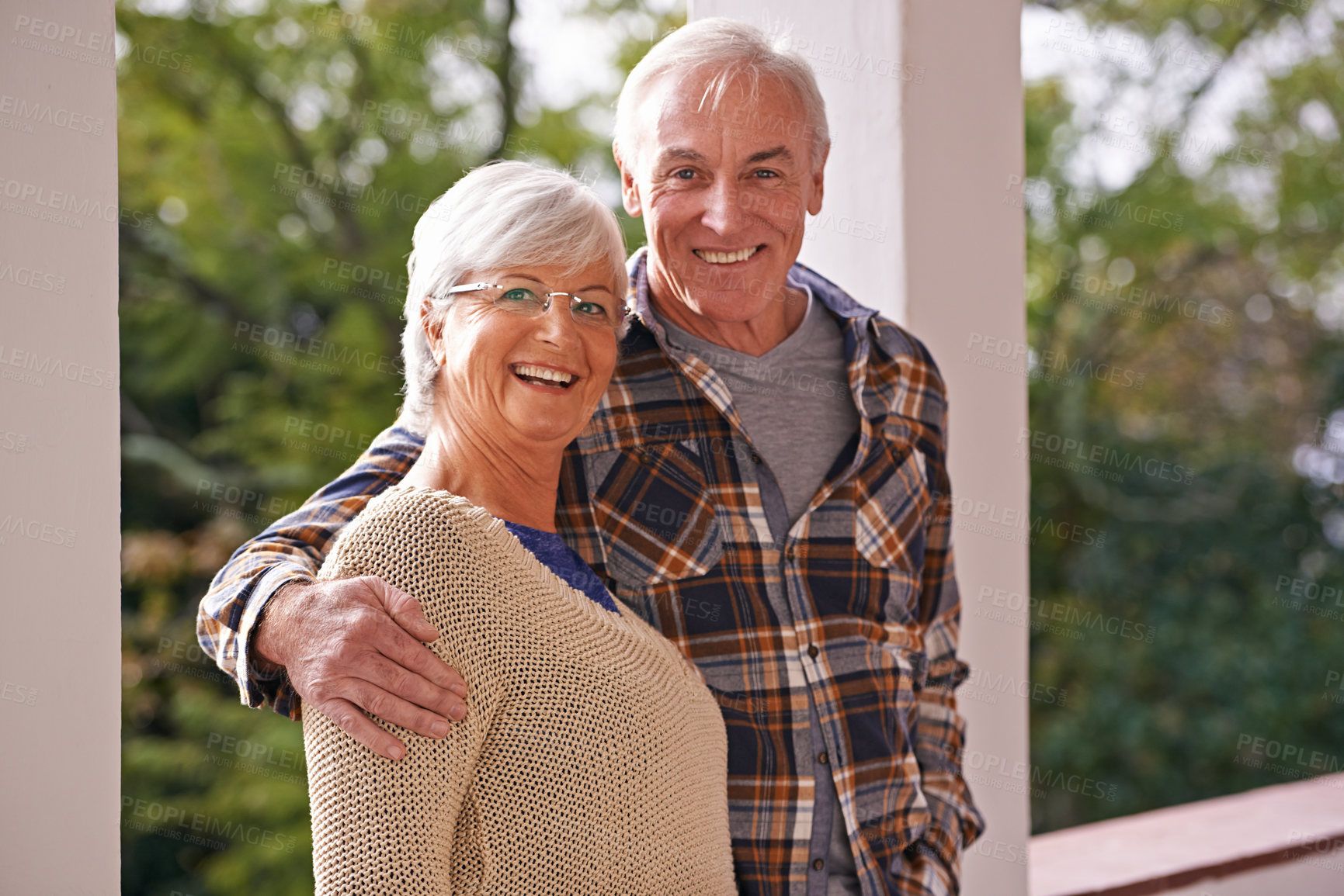 Buy stock photo Couple, senior and portrait with hug, balcony and home for happy retirement. Mature man, woman and marriage with elderly, care and love for healthy relationship and romantic rest and relaxation