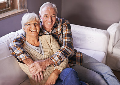 Buy stock photo Couple, senior and portrait with hug, smile and home for happy retirement. Mature man, woman and marriage with elderly, care and love for healthy relationship and romantic rest and relaxation