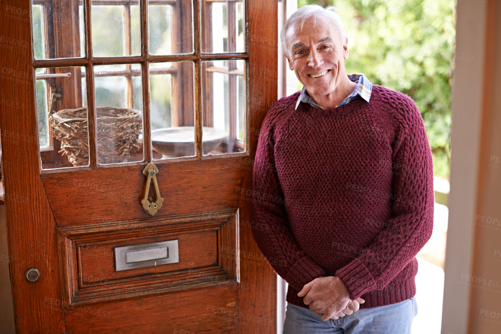 Buy stock photo Smile, door and portrait of senior man at his home with positive, good and confident attitude. Happy, pride and elderly male person in retirement at wooden entrance of modern house in Australia.