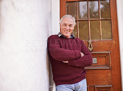 Buy stock photo Crossed arms, door and portrait of senior man at his home with positive, good and confident attitude. Happy, pride and elderly person in retirement at wooden entrance of modern house in Australia.