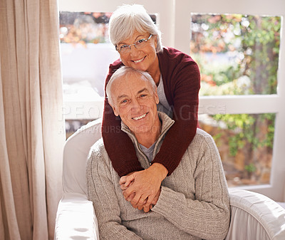 Buy stock photo Couple, mature and portrait with hug, smile and home for happy retirement. Senior man, woman and marriage with elderly, care and love for healthy relationship and romantic rest and relaxation