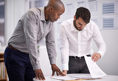 Buy stock photo Businessman, teamwork or meeting with document in office for financial planning, project strategy or discussion. Professional, employees or collaboration with paperwork for brainstorming or diversity