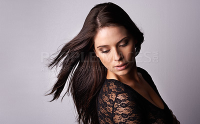 Buy stock photo Makeup, beauty and woman in studio for hair, cosmetics or wellness treatment on grey background. Glamour, makeover and female model with haircare results, shampoo or growth, texture or satisfaction