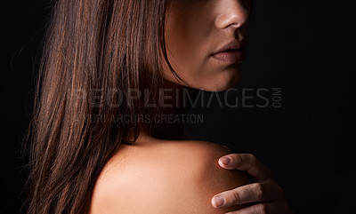 Buy stock photo Cropped studio shot of a gorgeous young woman 