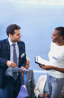 Buy stock photo Coworkers, seminar and diversity talking with documents, information and discussion with journalists. Happy, people smile for corporate company in press release, collaboration and conversation