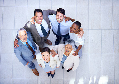 Buy stock photo Huddle, portrait and business people with smile in circle for support, solidarity and partnership. Employee, diversity and professional team with collaboration for meeting, trust and happy from above